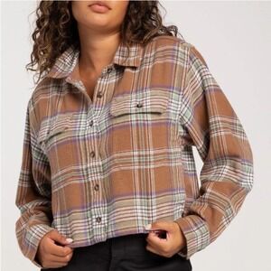 OBEY Max Womens XL Cropped Flannel Shirt Long Sleeve Brown Plaid Button Casual